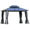 Hardtop Gazebo 10x12, with Aluminum Frame, 2-Tier Polycarbonate Roof, with Curtains, Netting for Garden, Patio, Backyard, Grey