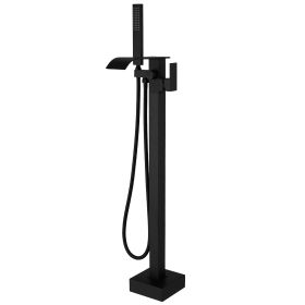 Single-Handle Freestanding Tub Faucet with Hand Shower Brass Waterfall Floor Mount Tub Filler in Matte Black