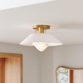 Artisan Mid-Century Modern Flush Mount Ceiling Light, Flush Mount Lighting Fixture for Kitchen or Living Room with Brass Accent, Line Shade