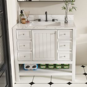 Modern 37"Bathroom Vanity with Artificial marble Carrara white top Set , Multi-functional Bathroom Cabinet with Doors and Drawer