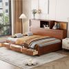 Full Size Wooden Daybed with 3 Storage Drawers, Upper Soft Board, shelf, and a set of Sockets and USB Ports, Walnut