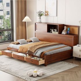 Full Size Wooden Daybed with 3 Storage Drawers, Upper Soft Board, shelf, and a set of Sockets and USB Ports, Walnut