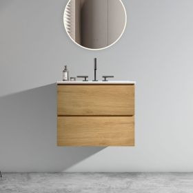 Wall Mount 24" Natural Oak Bathroom Vanity with Ceramic Sink with three faucet holes, Large Storage Floating Bathroom Vanity for Modern Bathroom
