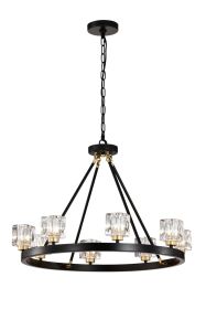 Matte Black + Gold Wagon Wheel Chandelier Farmhouse Modern Small Crystal Round Chandelier for Living Room Kitchen Island Foyer Hallway Entryway Bedroo