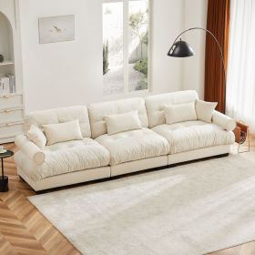 Extra Large 3 Seat Modern Velvet Sofa, Oversize Sofa, Clould Like Comfortable Seat and Back Support, With Waist Pillows and Throw Pillows, Cream