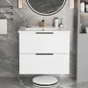 24 Inch Bathroom Vanity Cabinet With Ceramic Sink - White Wall Mounted Floating Fluted Vanity With Drawers, Modern
