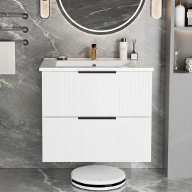 24 Inch Bathroom Vanity Cabinet With Ceramic Sink - White Wall Mounted Floating Fluted Vanity With Drawers, Modern