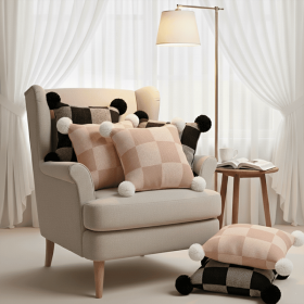 SOGA 6PC Pillowcase Set – Modern Black & Gray Gingham with Pom Poms and Cozy Checkerboard Knit Pillow Covers