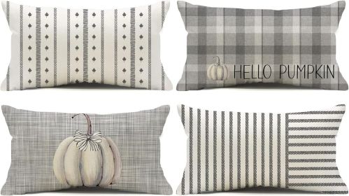 Grey Striped Farmhouse Throw Pillow Covers 12x20 Inch Set of 4 Stripes Buffalo Plaid Pumpkin Pillows Decorative Autumn Thanksgiving Decorations Modern