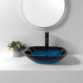 Bathroom Artistic Tempered Glass Vessel Bathroom Sink with Faucet and Pop-up Drain, Blue