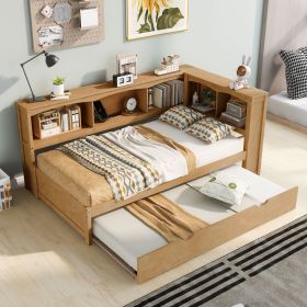 Twin Size Daybed with Trundle, Storage Cabinets and USB Ports, Wood Color