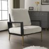 Modern Low Back White Upholstered Accent Armchair with Gold Metal Legs & Rubberwood Frame, Chic Wide Armrest Minimalist Lounge Chair with Pillow Back