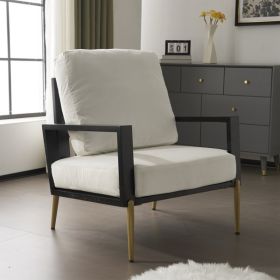 Modern Low Back White Upholstered Accent Armchair with Gold Metal Legs & Rubberwood Frame, Chic Wide Armrest Minimalist Lounge Chair with Pillow Back