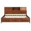 Full Size Wooden Daybed with 3 Storage Drawers, Upper Soft Board, shelf, and a set of Sockets and USB Ports, Walnut