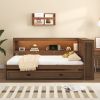 Full Size Wood Daybed with Storage Shelves, USB, LED, and Trundle, Antique Wood Color
