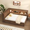 Full Size Wood Daybed with Storage Shelves, USB, LED, and Trundle, Antique Wood Color
