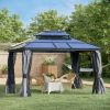 Hardtop Gazebo 10x12, with Aluminum Frame, 2-Tier Polycarbonate Roof, with Curtains, Netting for Garden, Patio, Backyard, Grey