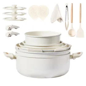 22-Piece Non-Stick Cookware Set, 6 Pots & 3 Lids, Removable Handles, Oven & Dishwasher Safe, Includes 28cm Soup Pot, Cream White Aluminum (Option: defaulttitle)