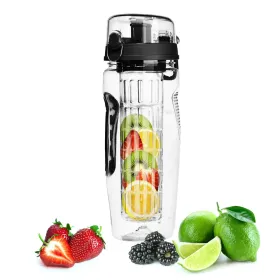 Fruit Infuser Water Bottle 32OZ Juice Shaker Sport W/ Flip Top Lid Anti-Slip Grips For Office Home Sport Running Walking Hiking (Color: Black)