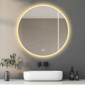 32'' LED Round LED Bathroom Mirror with Lights-Wall Mount Vanity, Anti-Fog, 3 Color Temperature Adjustable & Dimmable Light (Color: as Pic)