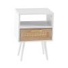 15.75" Rattan End table with Power Outlet & USB Ports , Modern nightstand with drawer and solid wood legs, side table for living roon, bedroom